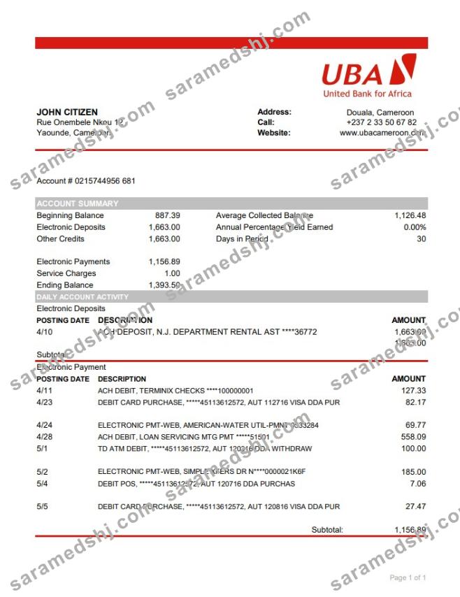 Cameroon UBA bank statement easy to fill template in Excel and PDF format